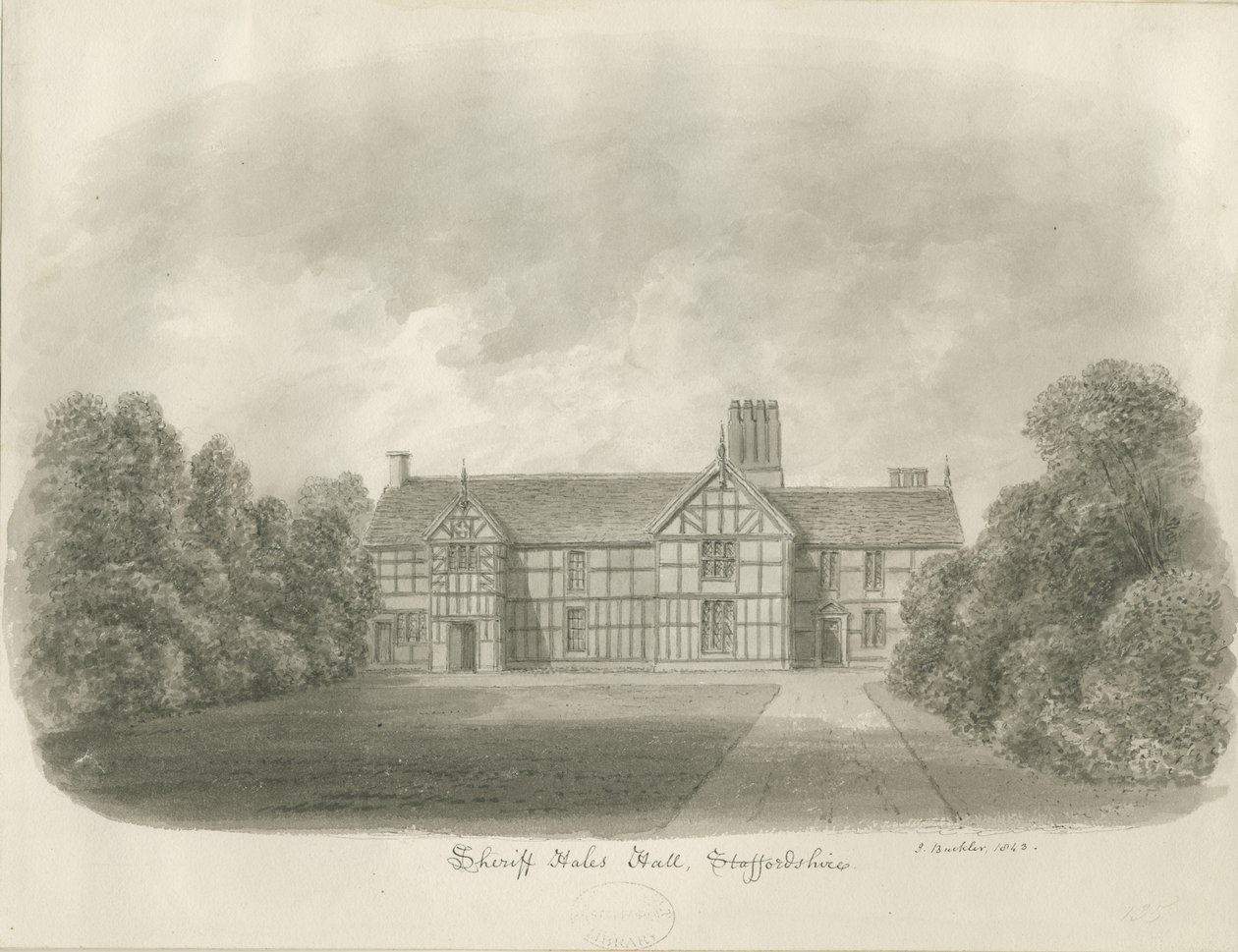 Sheriffhales Hall: desenho sépia de John Buckler