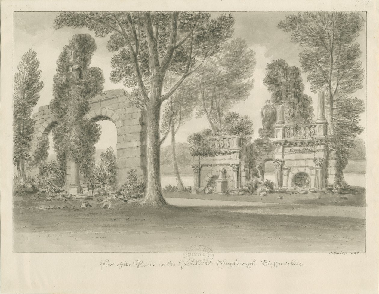 Shugborough - Ruínas no Jardim: desenho em sépia de John Buckler
