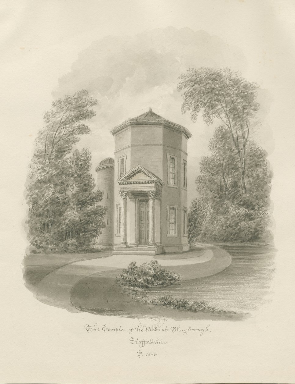 Shugborough - Templo dos Ventos: desenho em sépia, 1843 de John Buckler