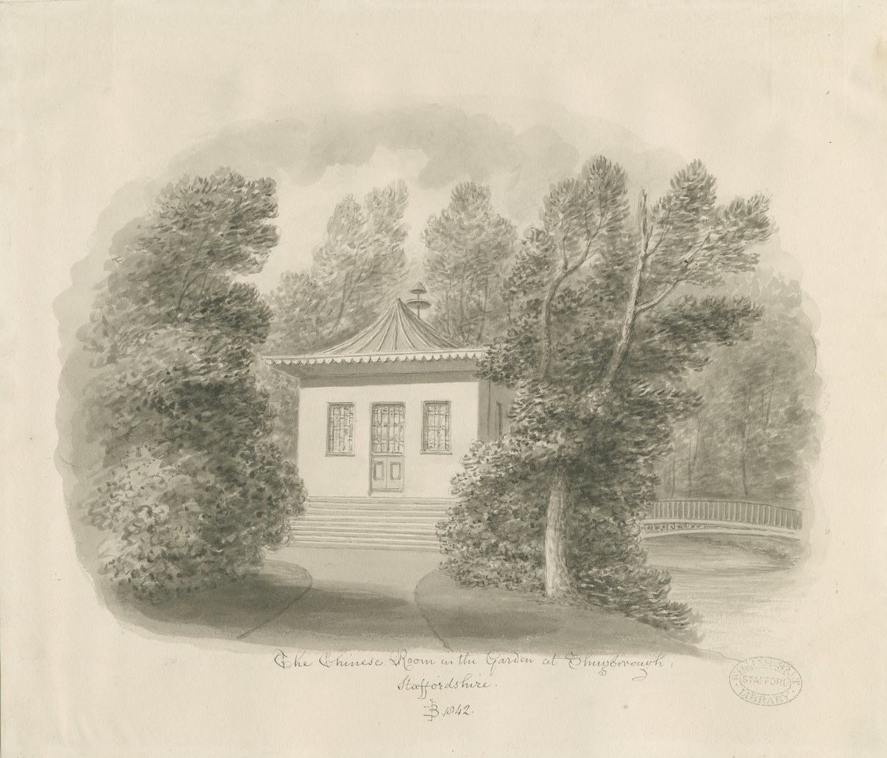 Shugborough - A Sala Chinesa: desenho de lavagem sépia de John Buckler