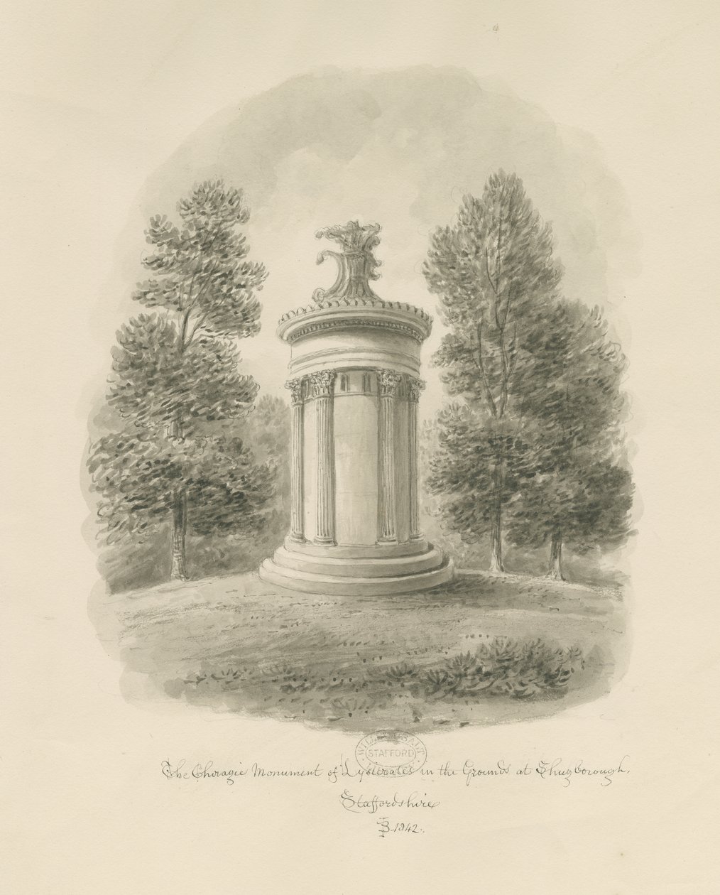 Shugborough - O Monumento Corágico de Lisócrates: desenho sépia de John Buckler