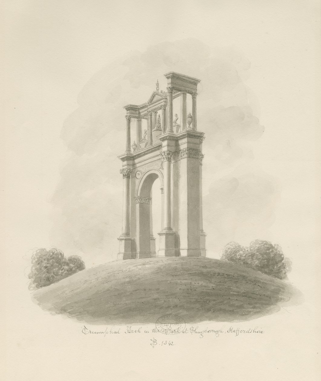 Shugborough - Arco do Triunfo: desenho em sépia de John Buckler