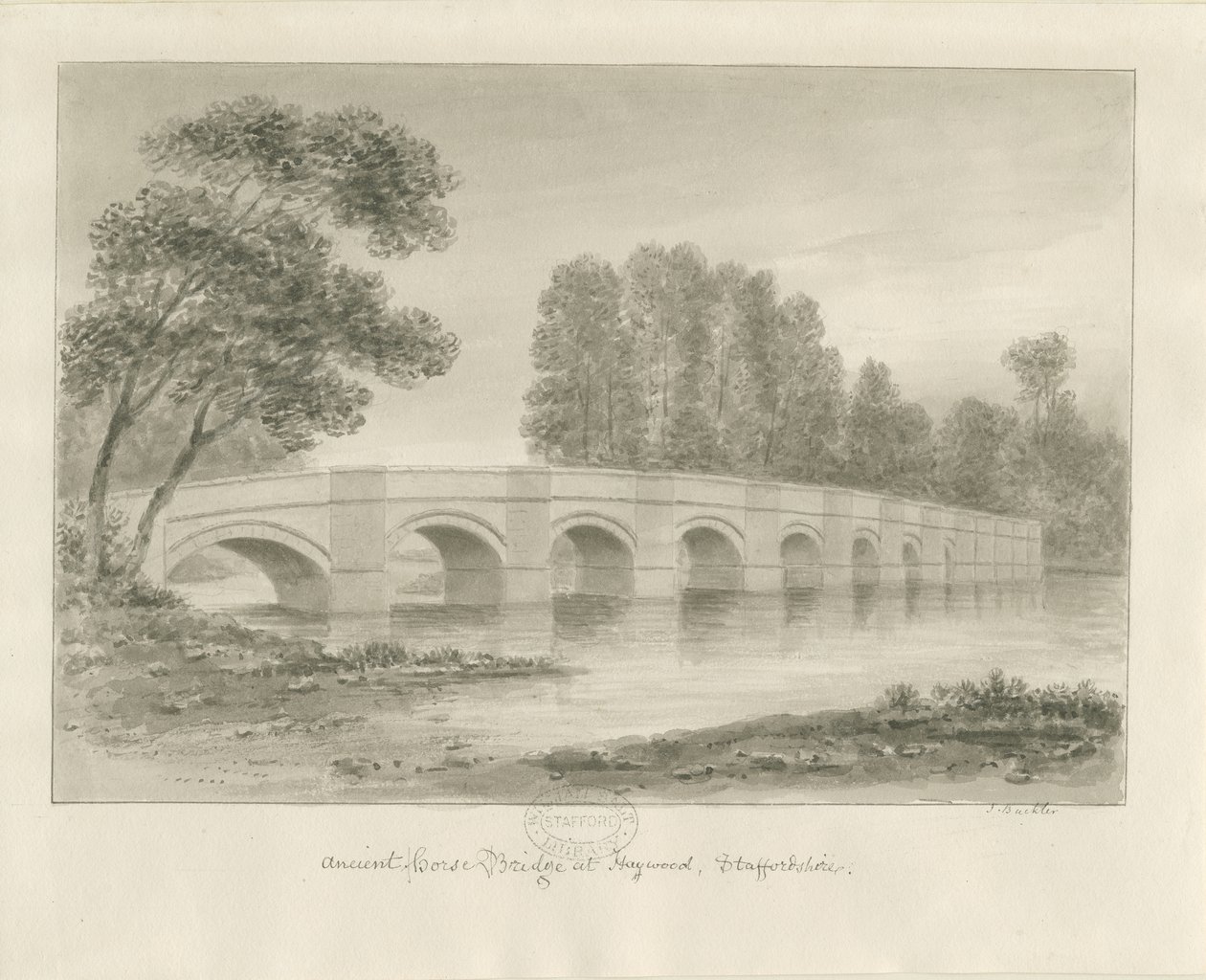 Ponte de Shugborough: desenho em sépia, nd [ 1840] de John Buckler