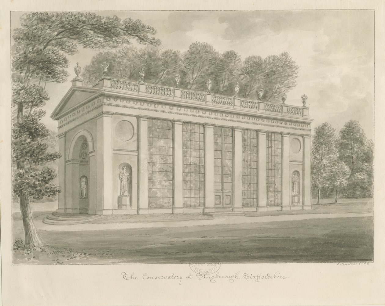 Shugborough Hall - Conservatório: desenho em sépia de John Buckler