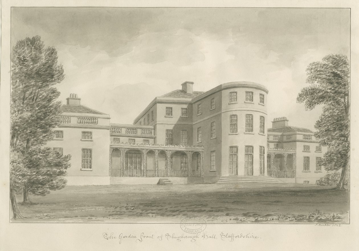 Shugborough Hall - frente do jardim: desenho sépia, 1842 de John Buckler