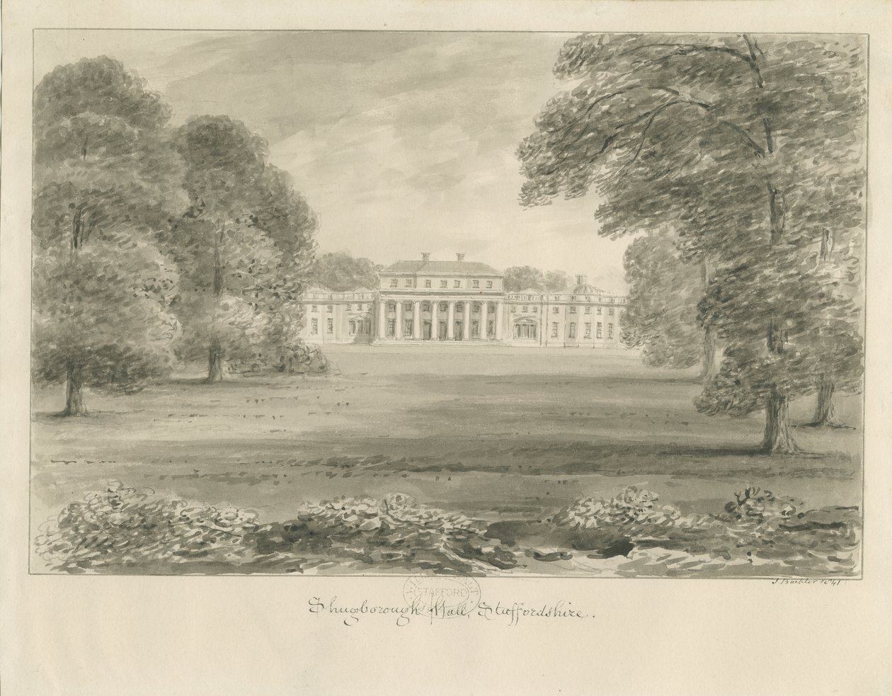 Shugborough Hall: desenho sépia de John Buckler