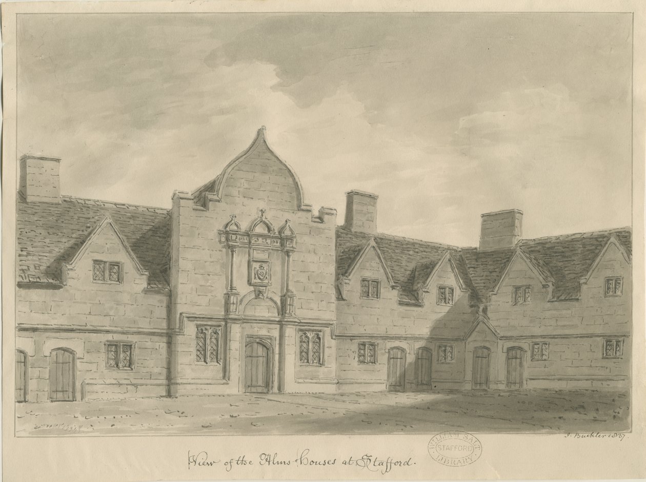 Stafford - Alms Houses: desenho em sépia, 1837 de John Buckler