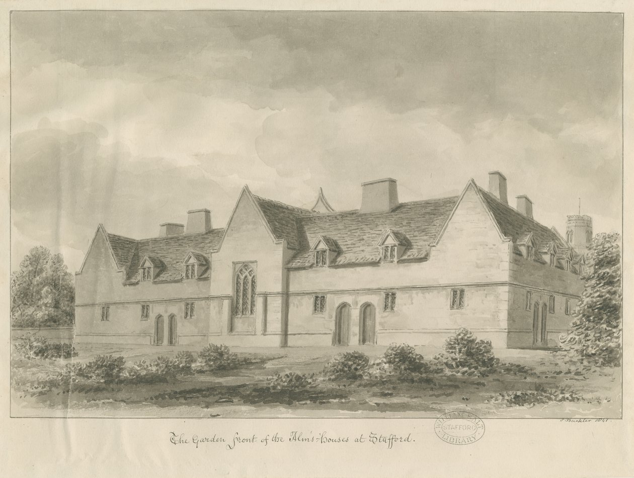 Stafford - Alms Houses: desenho sépia, 1841 de John Buckler