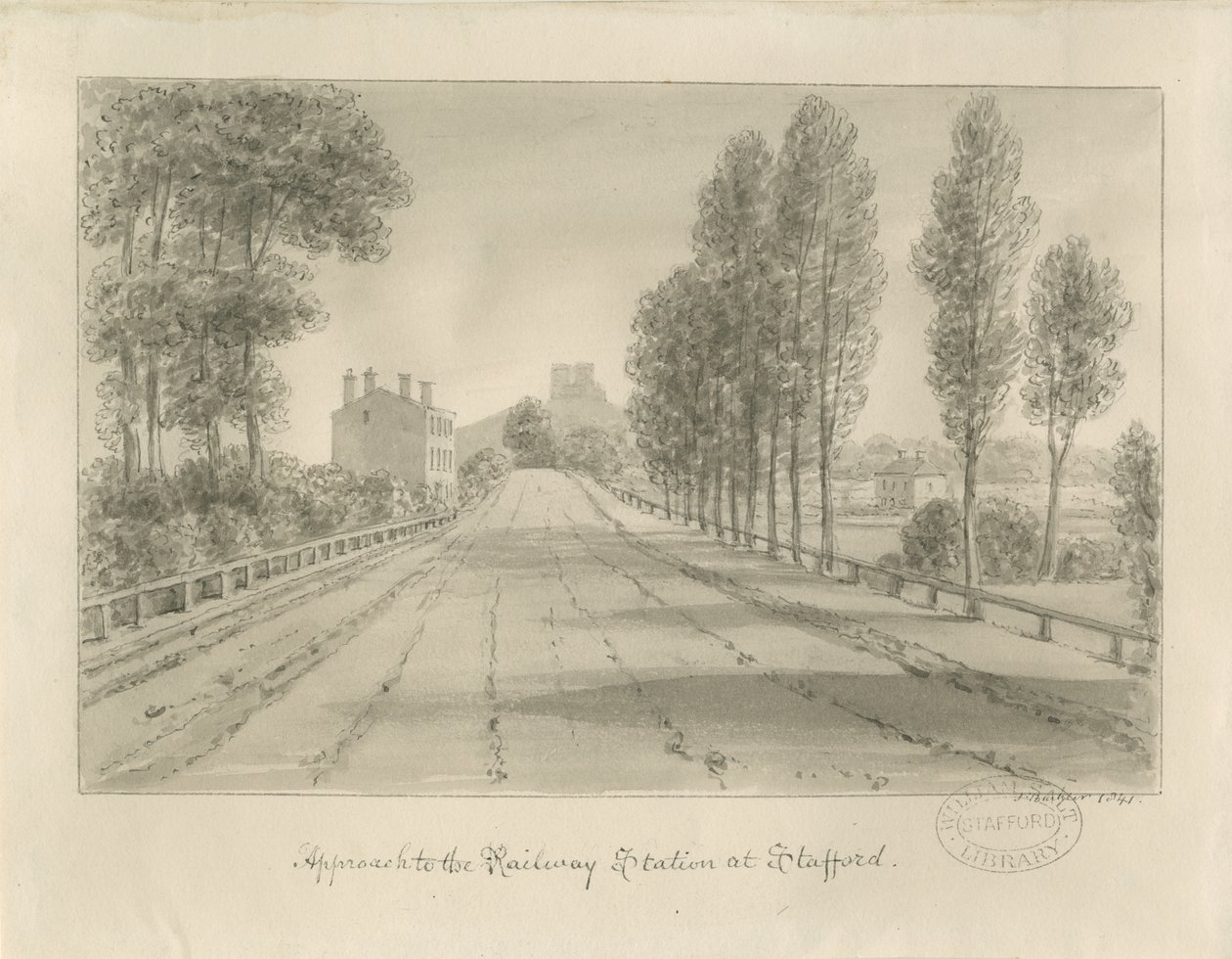 Stafford - Aproximação à Estação Ferroviária: desenho sépia de John Buckler