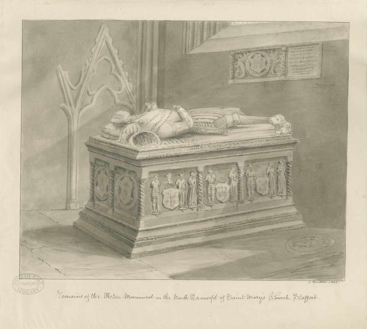 Stafford - Monumento Aston na Igreja de Santa Maria: desenho em sépia de John Buckler