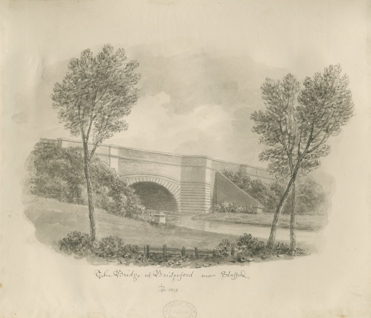 Stafford - Ponte em Bridgeford: desenho sépia de John Buckler
