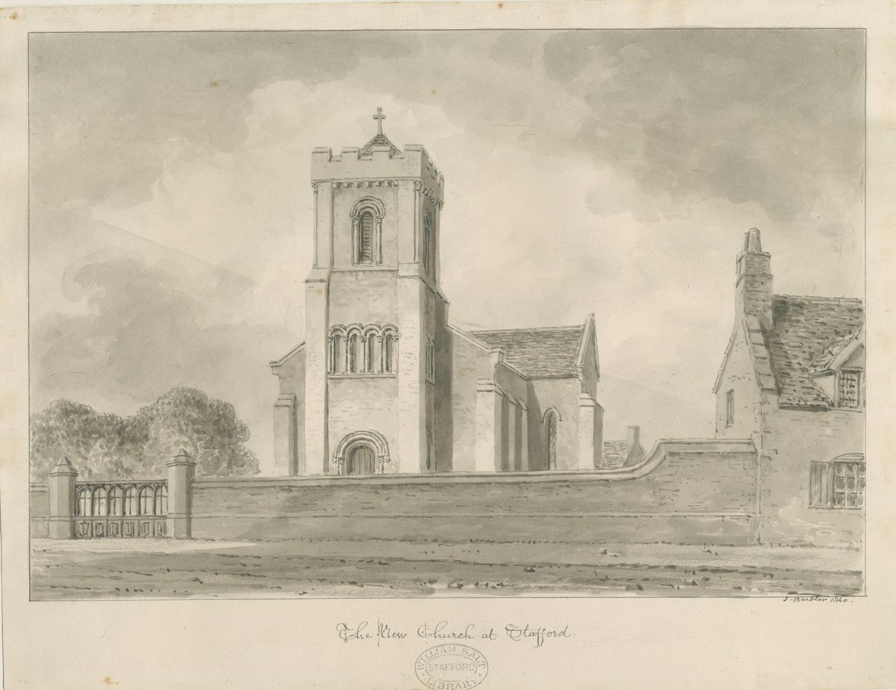 Stafford - Christ Church: desenho em sépia, 1840 de John Buckler