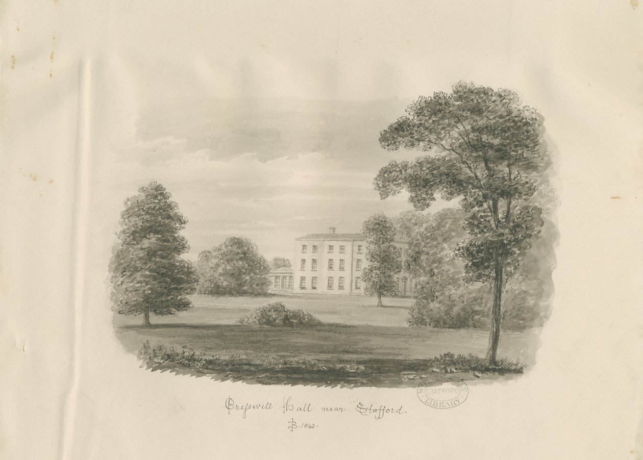 Stafford - Cresswell Hall: desenho em sépia de John Buckler