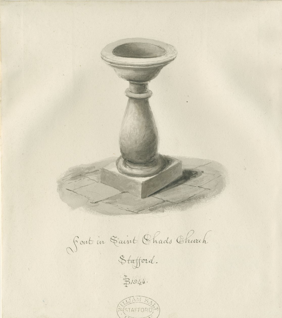 Stafford - Fonte na Igreja de São Chade: desenho em sépia de John Buckler