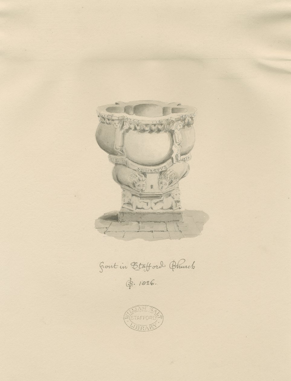 Stafford - Fonte na Igreja de Santa Maria: desenho em sépia, 1826 de John Buckler