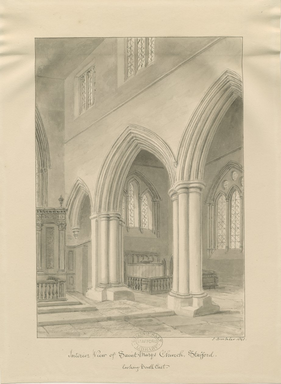 Stafford - Interior da Igreja de Santa Maria: desenho em sépia, 1841 de John Buckler