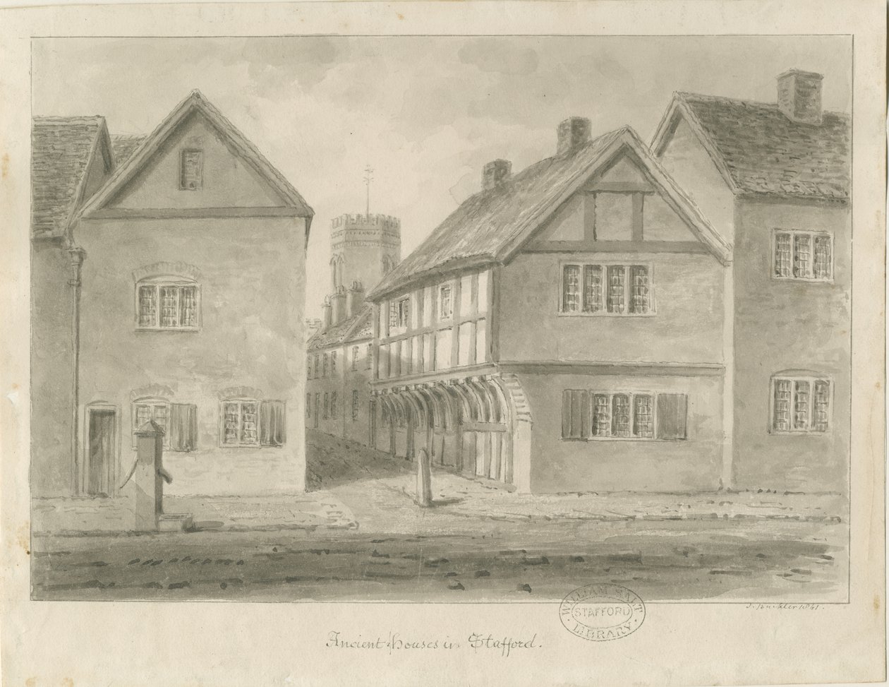 Stafford - Little Church Lane: desenho em sépia, 1841 de John Buckler