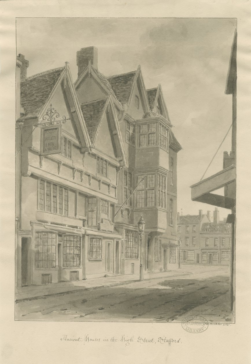 Stafford - Maid "s Head Inn: desenho em sépia, 1841 de John Buckler