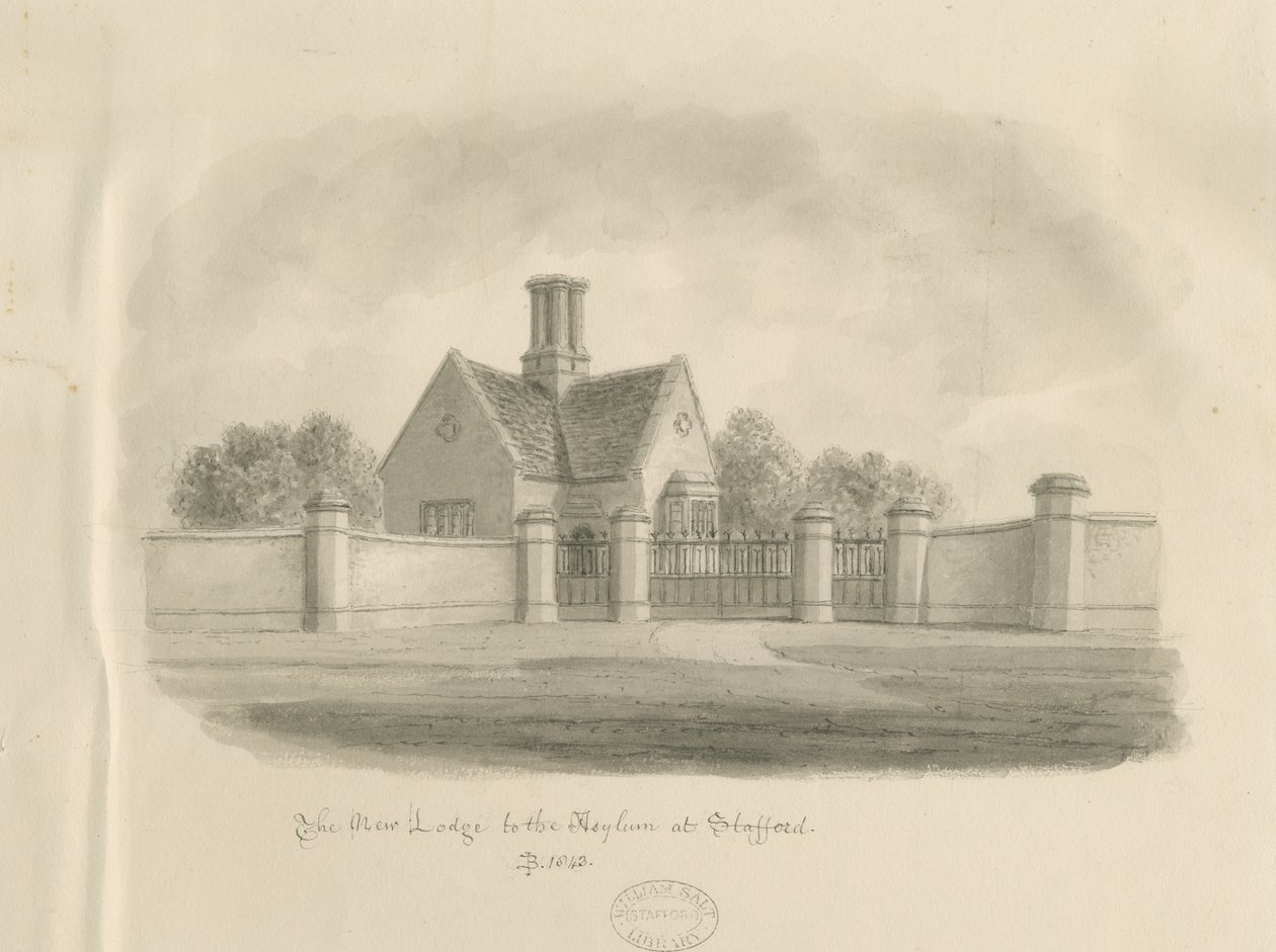 Stafford - Nova Loja para o Asilo: desenho sépia, 1843 de John Buckler