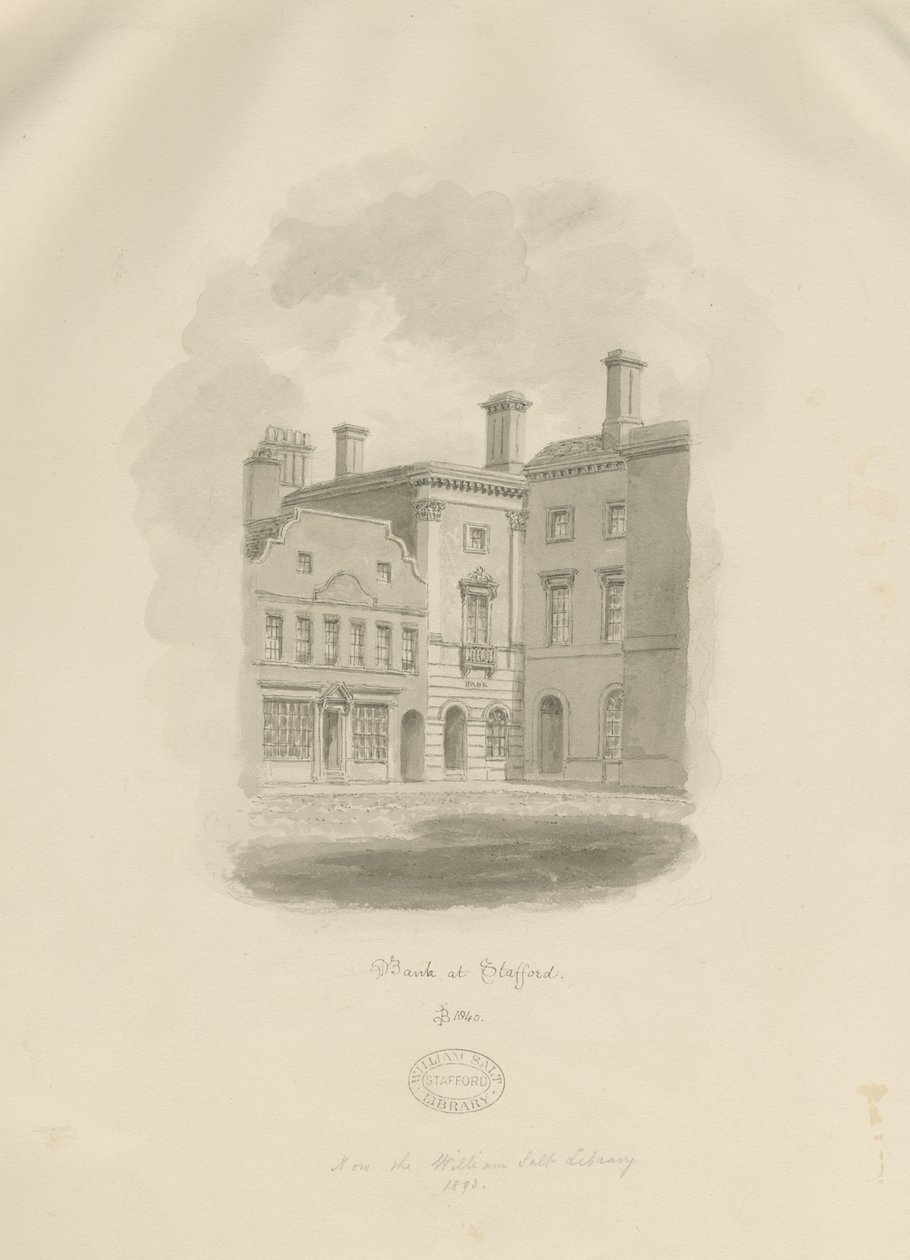 Stafford - Old Bank in Market Square: desenho em sépia de John Buckler