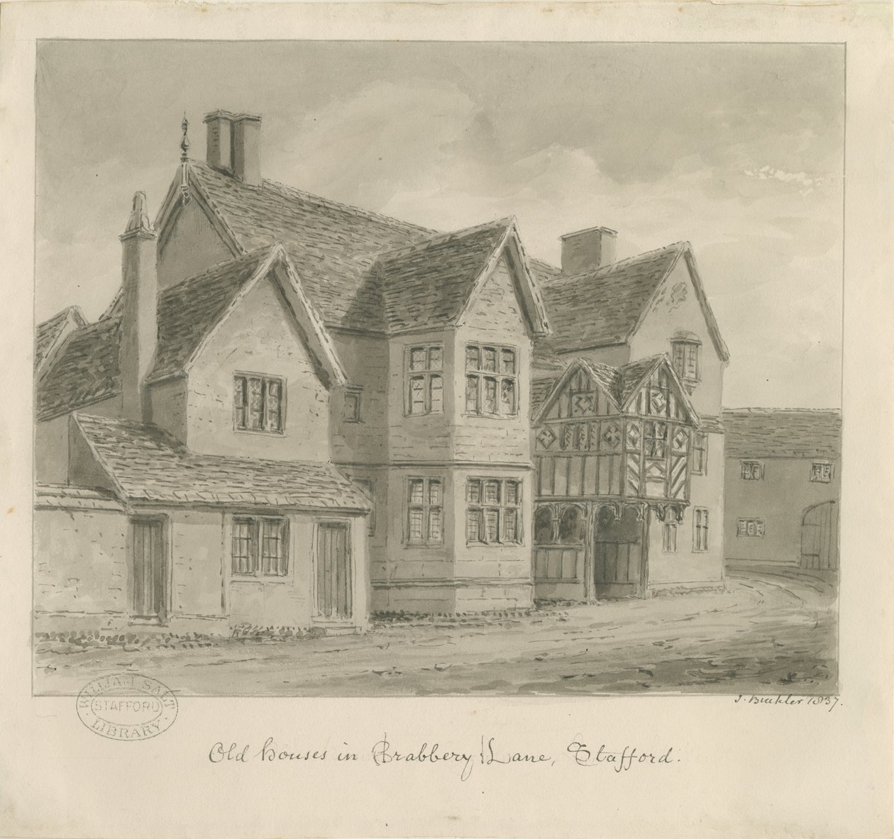 Stafford - Old Houses in Crabbery Lane: desenho em sépia de John Buckler