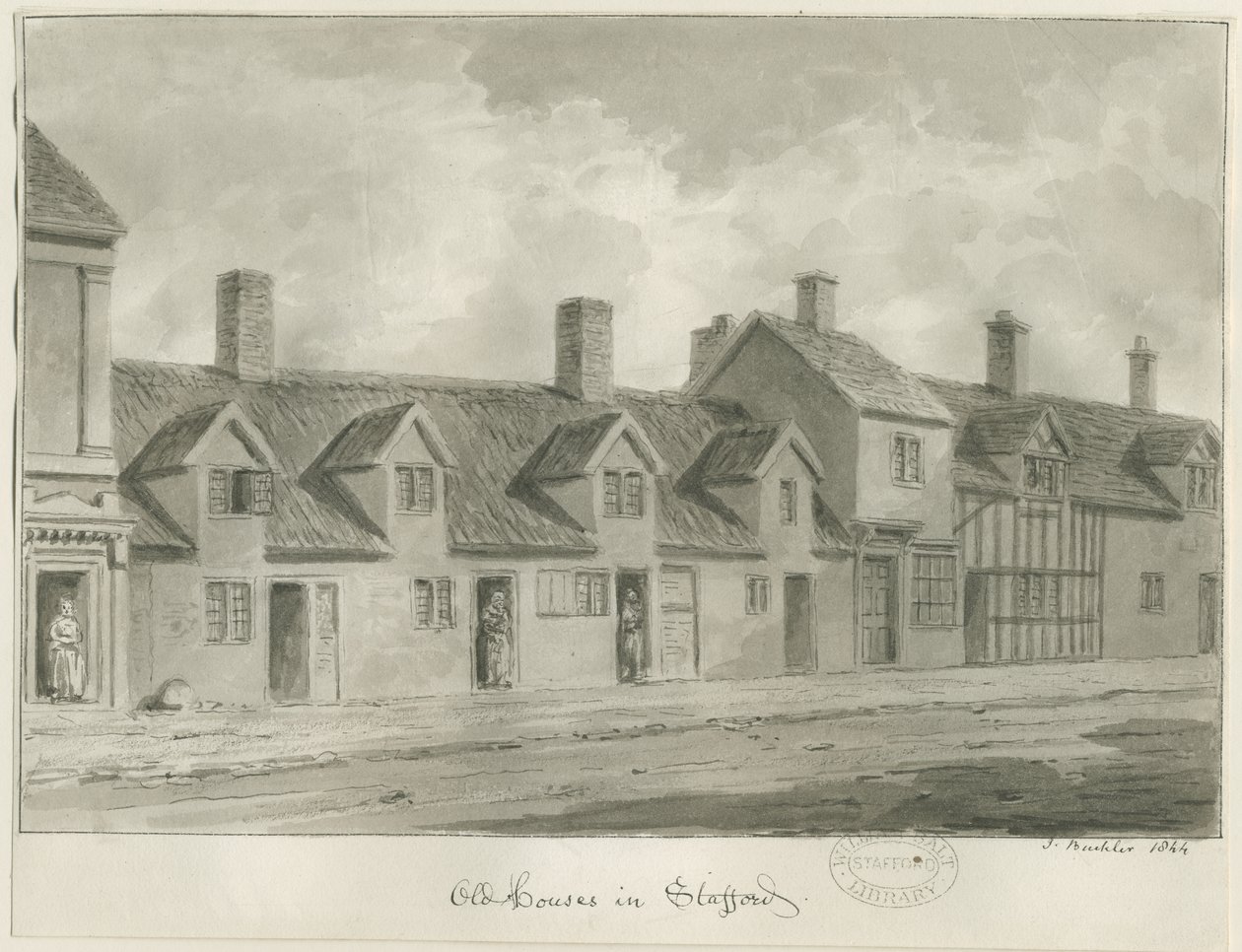 Stafford - Old Houses [in Eastgate Street]: desenho sépia, 1844 de John Buckler
