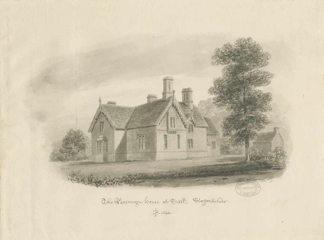 Stafford - Parsonage House at Salt: desenho em sépia (vinheta) de John Buckler