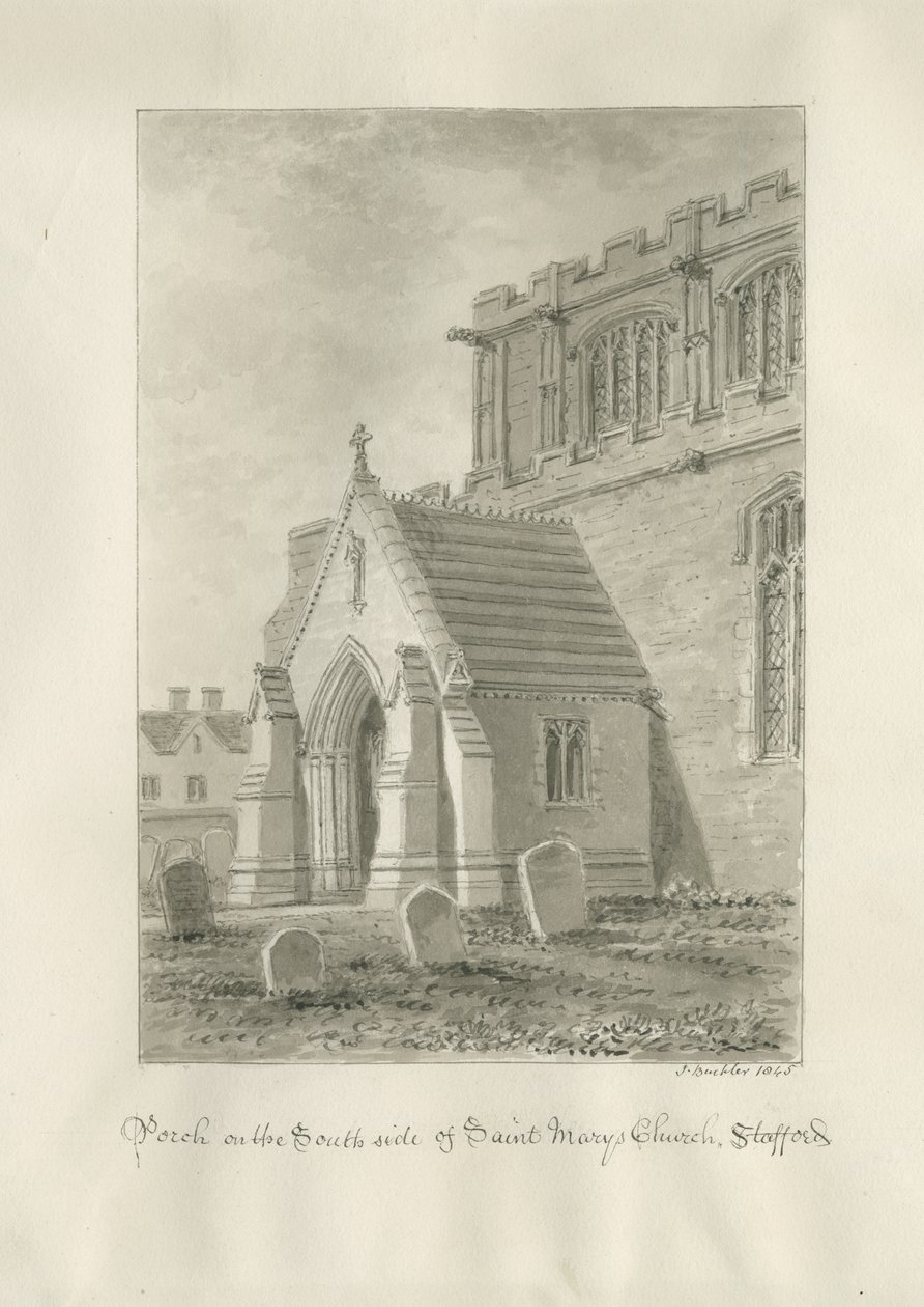 Stafford - Pórtico da Igreja de Santa Maria: desenho em sépia, 1845 de John Buckler