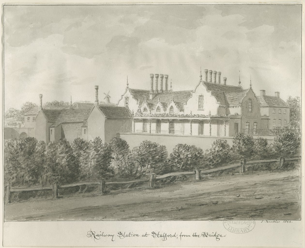 Stafford - Estação Ferroviária: desenho sépia, 1844 de John Buckler