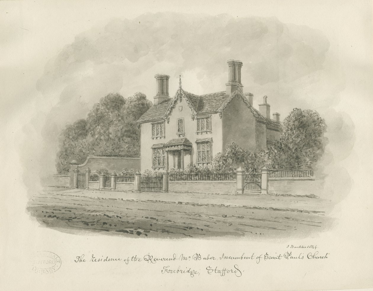 Stafford - Residência do Reverendo Baber: desenho em sépia, 1844 de John Buckler