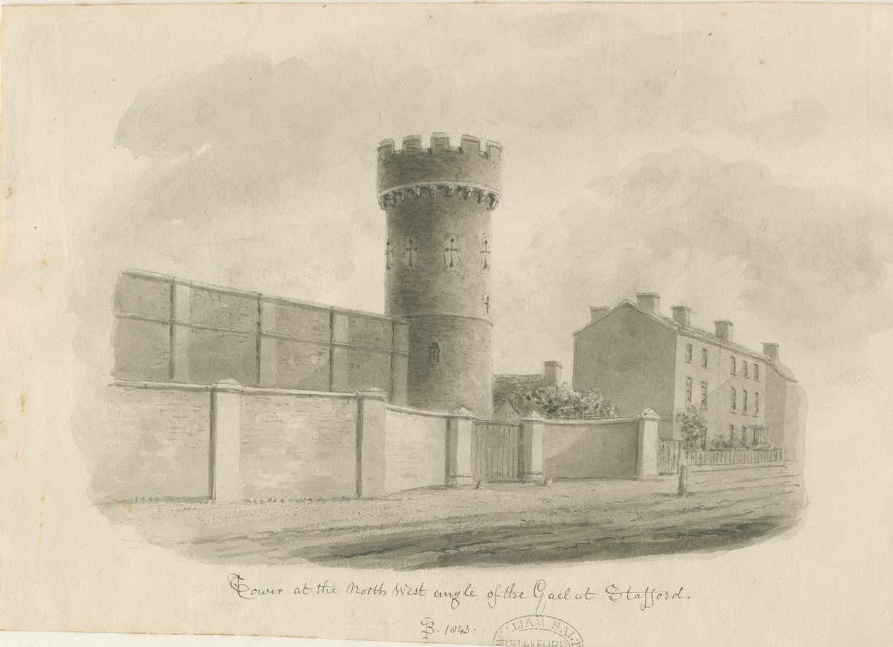 Stafford - torre redonda da prisão: desenho em sépia, 1843 de John Buckler