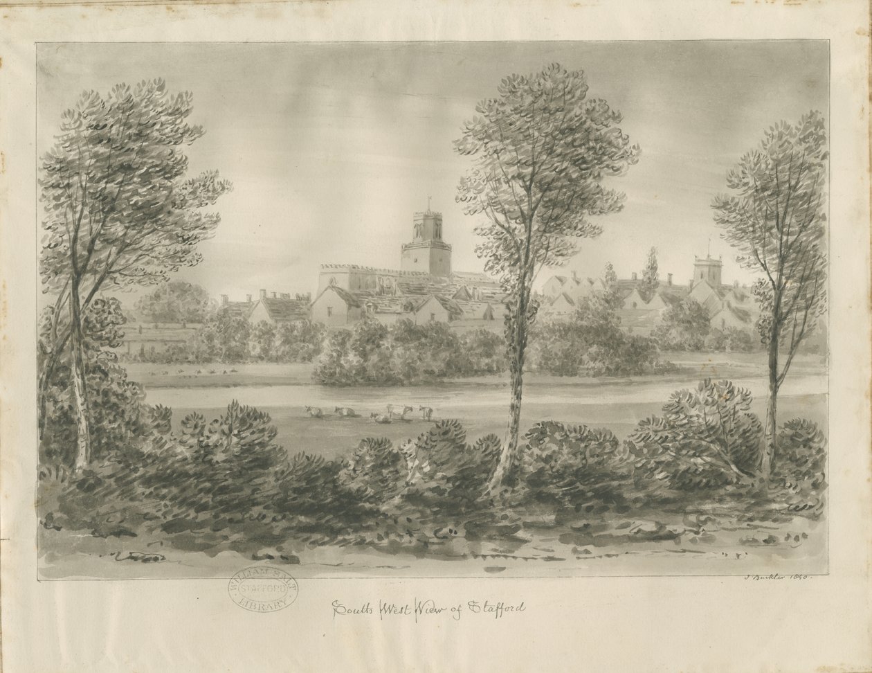 Stafford - South West View: desenho sépia de John Buckler