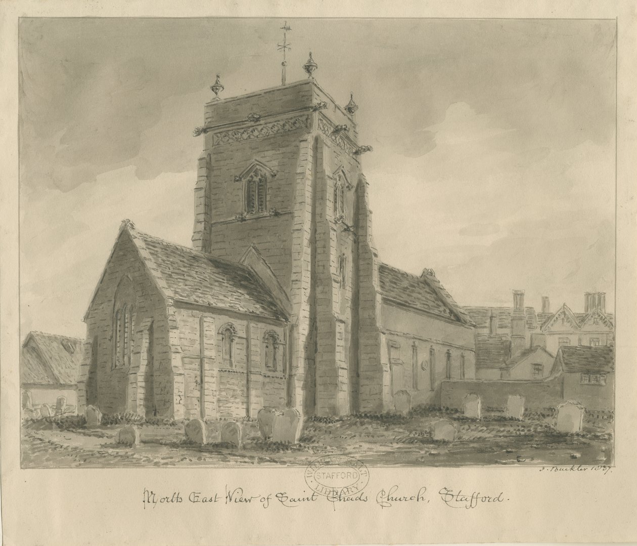 Stafford - Igreja de São Chade: desenho em sépia de John Buckler