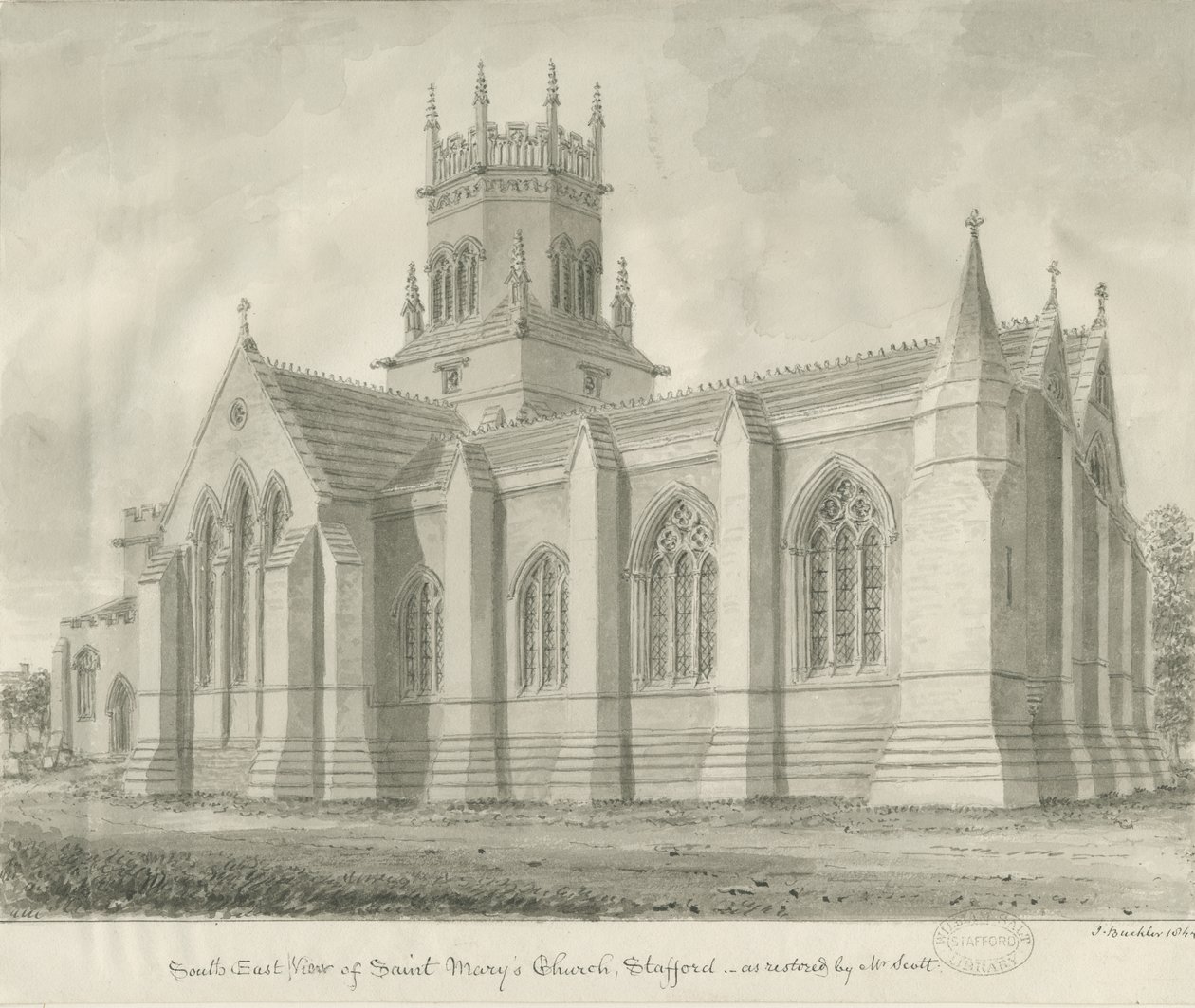 Stafford - Igreja de Santa Maria: desenho sépia de John Buckler