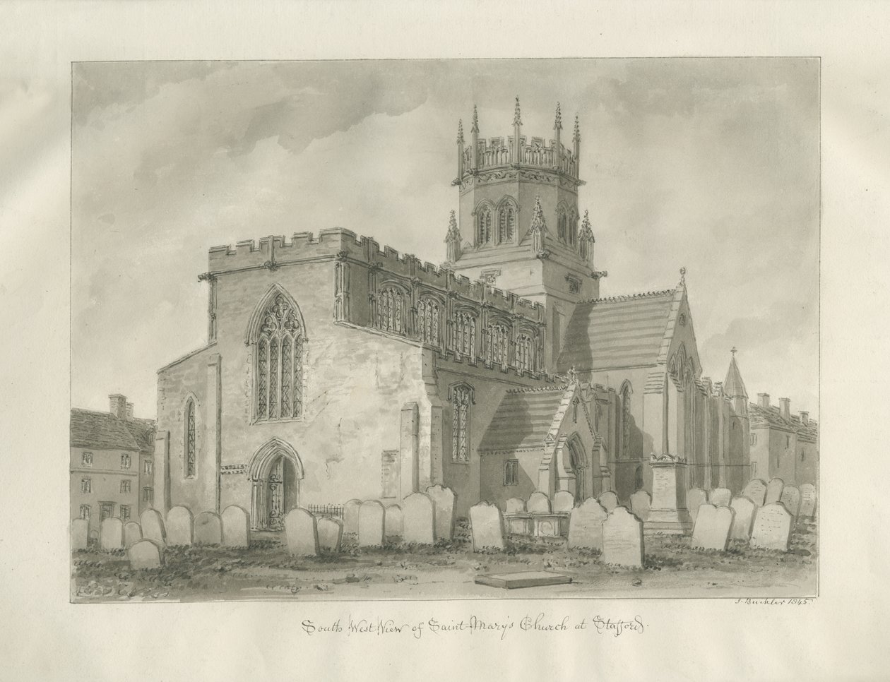 Stafford - Igreja de Santa Maria: desenho sépia de John Buckler