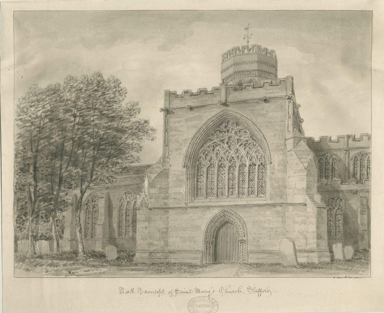 Stafford - Igreja de Santa Maria: desenho em sépia, 1840 de John Buckler