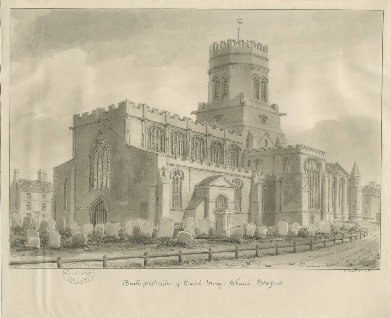 Stafford - Igreja de Santa Maria: desenho em sépia, 1841 de John Buckler