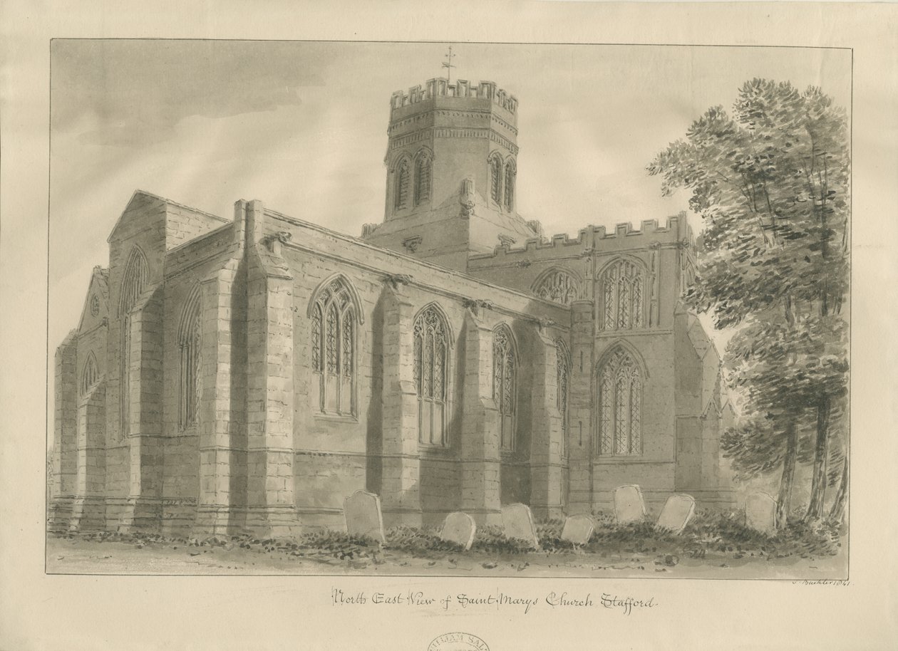 Stafford - Igreja de Santa Maria: desenho em sépia, 1841 de John Buckler
