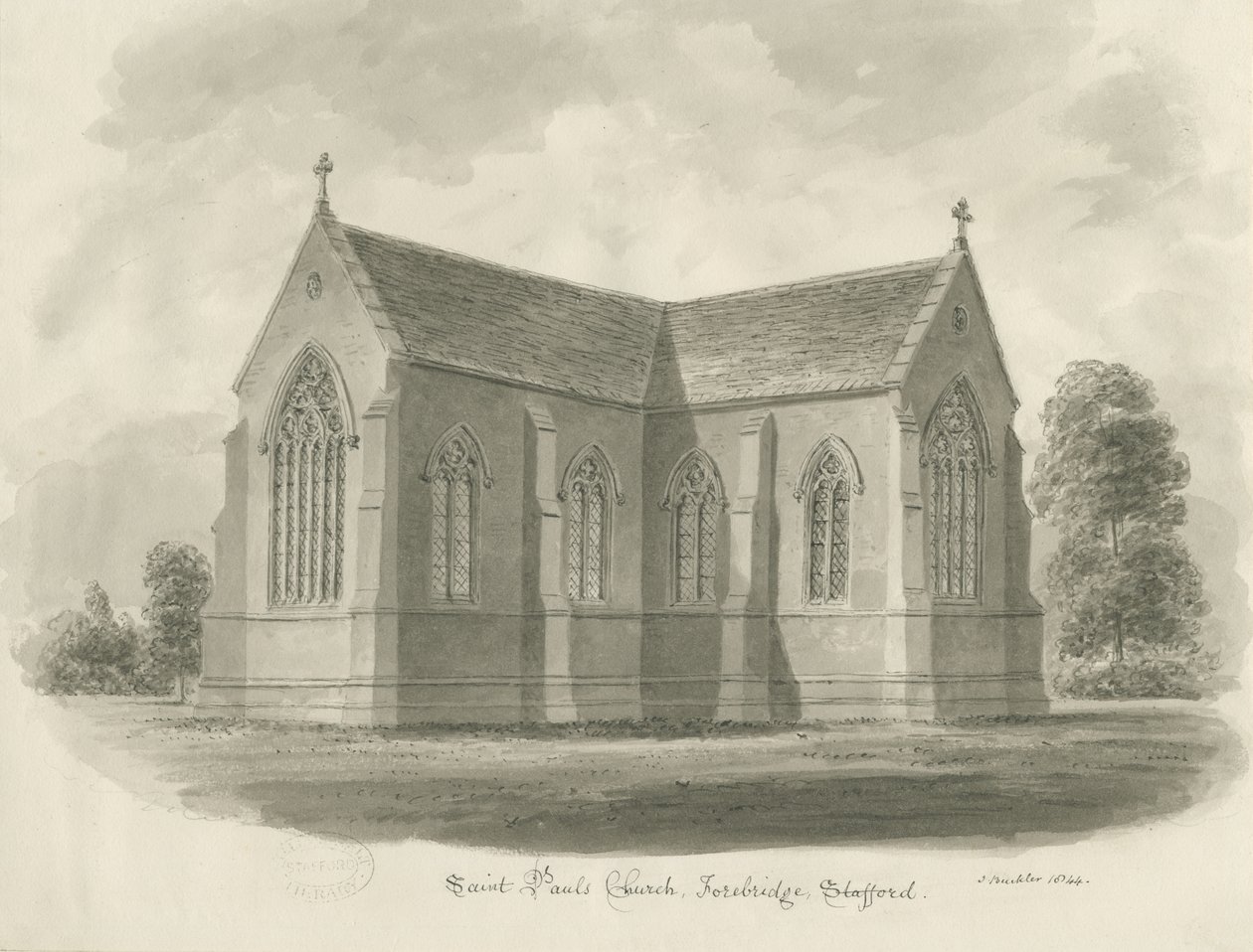 Stafford - Igreja de S. Paulo, Forebridge: desenho sépia de John Buckler
