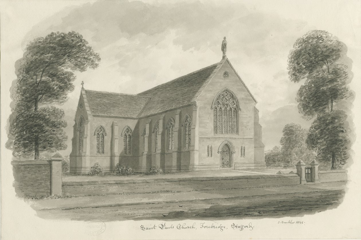 Stafford - Igreja de São Paulo, Forebridge: desenho em sépia, 1844 de John Buckler