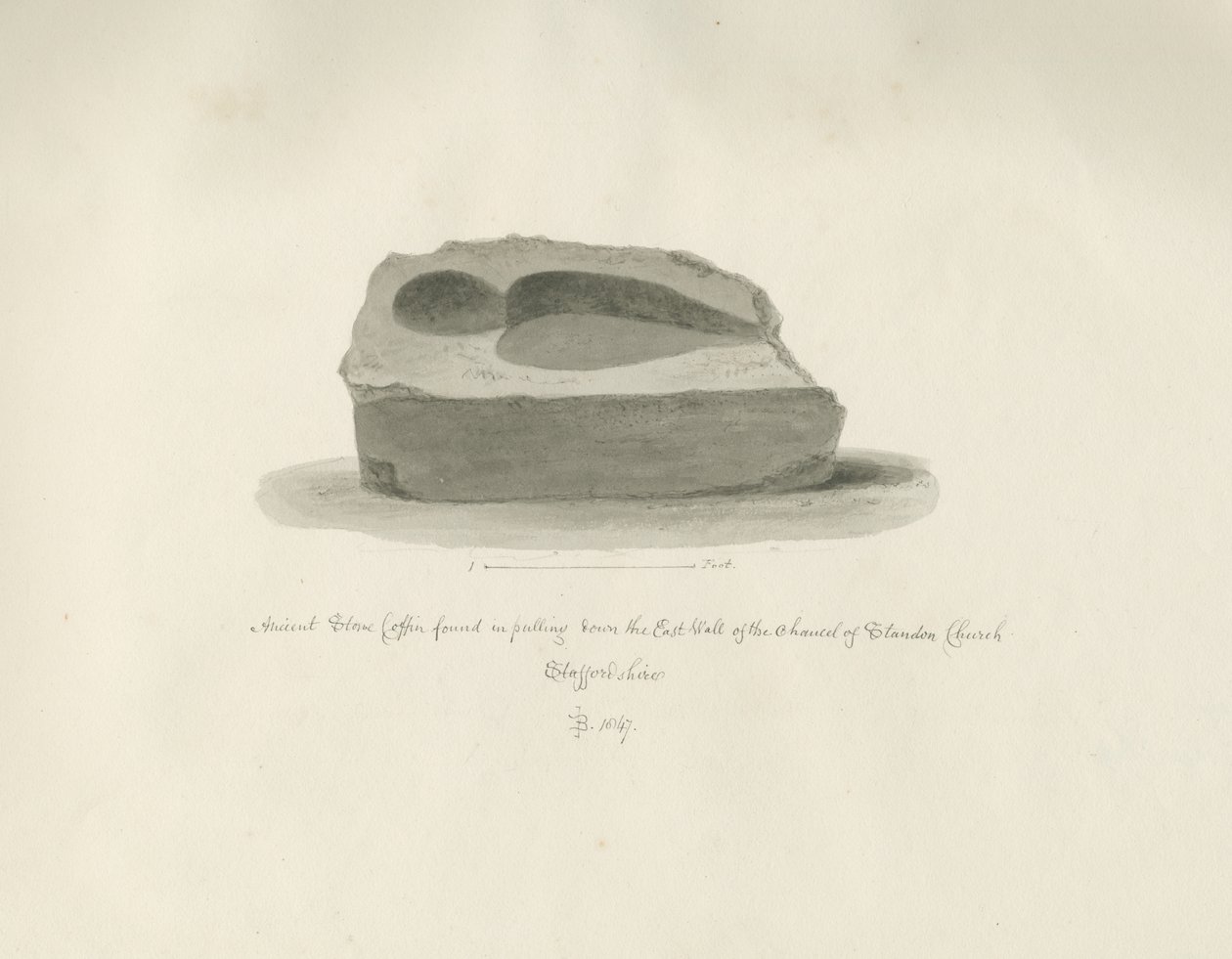 Igreja Standon: Caixão de Pedra Antigo: desenho em sépia, 1847 de John Buckler