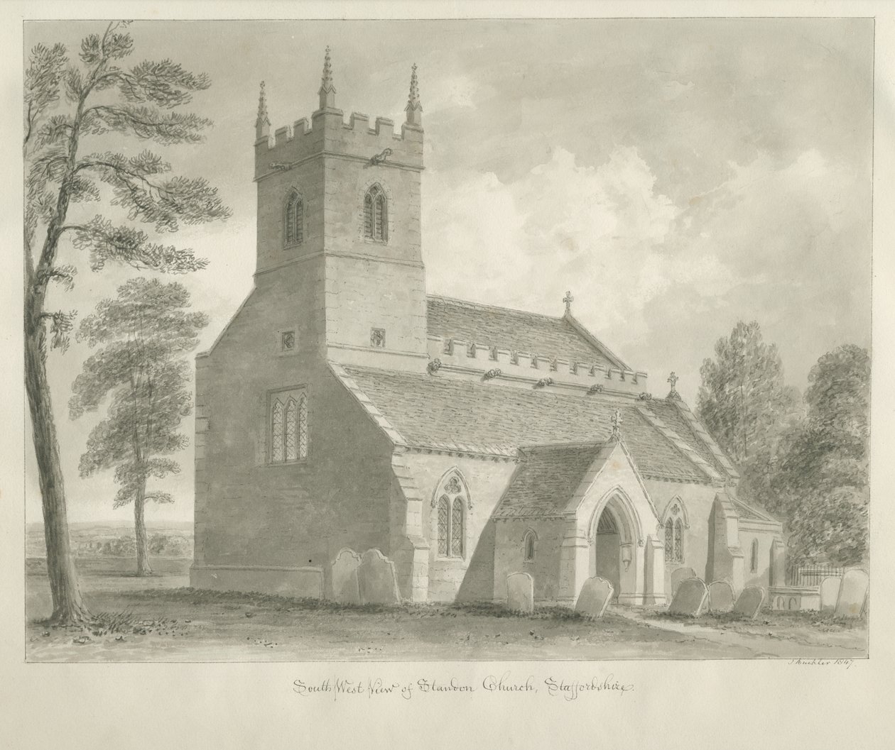 Igreja Standon: desenho sépia de John Buckler