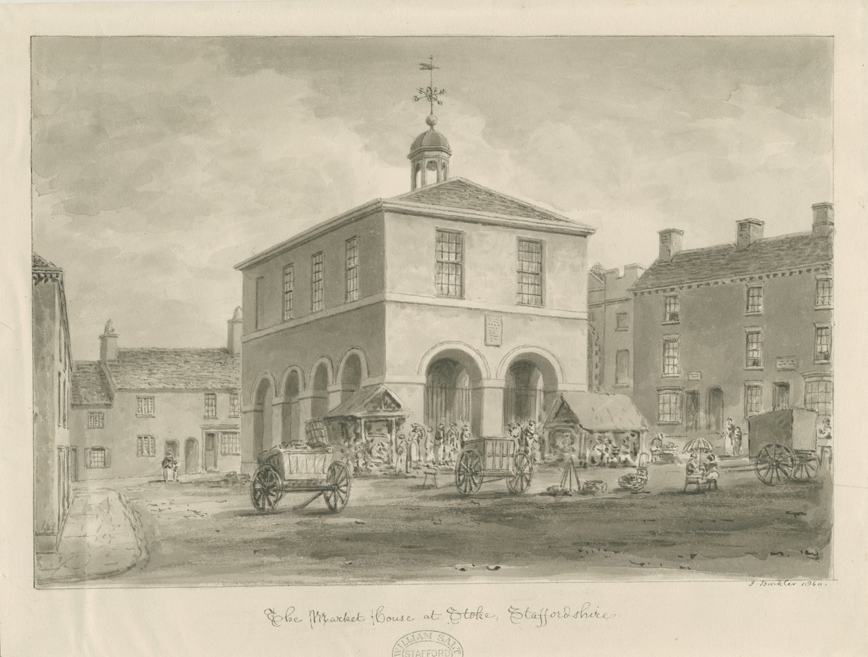 Stoke-upon-Trent - Casa de Mercado: desenho sépia de John Buckler