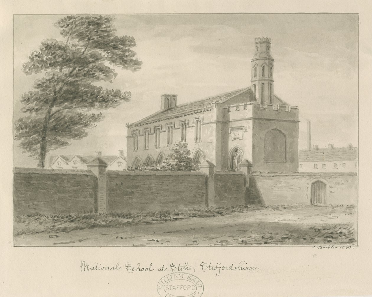 Stoke-upon-Trent - Escola Nacional: desenho em sépia, 1840 de John Buckler