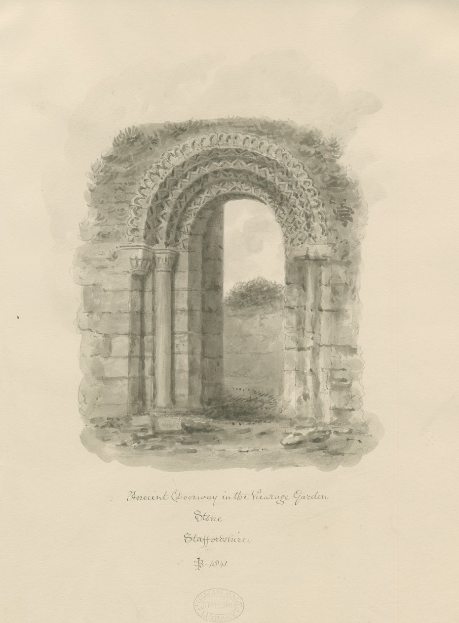 Pedra - porta antiga no jardim do vicariato: desenho em sépia, 1841 de John Buckler