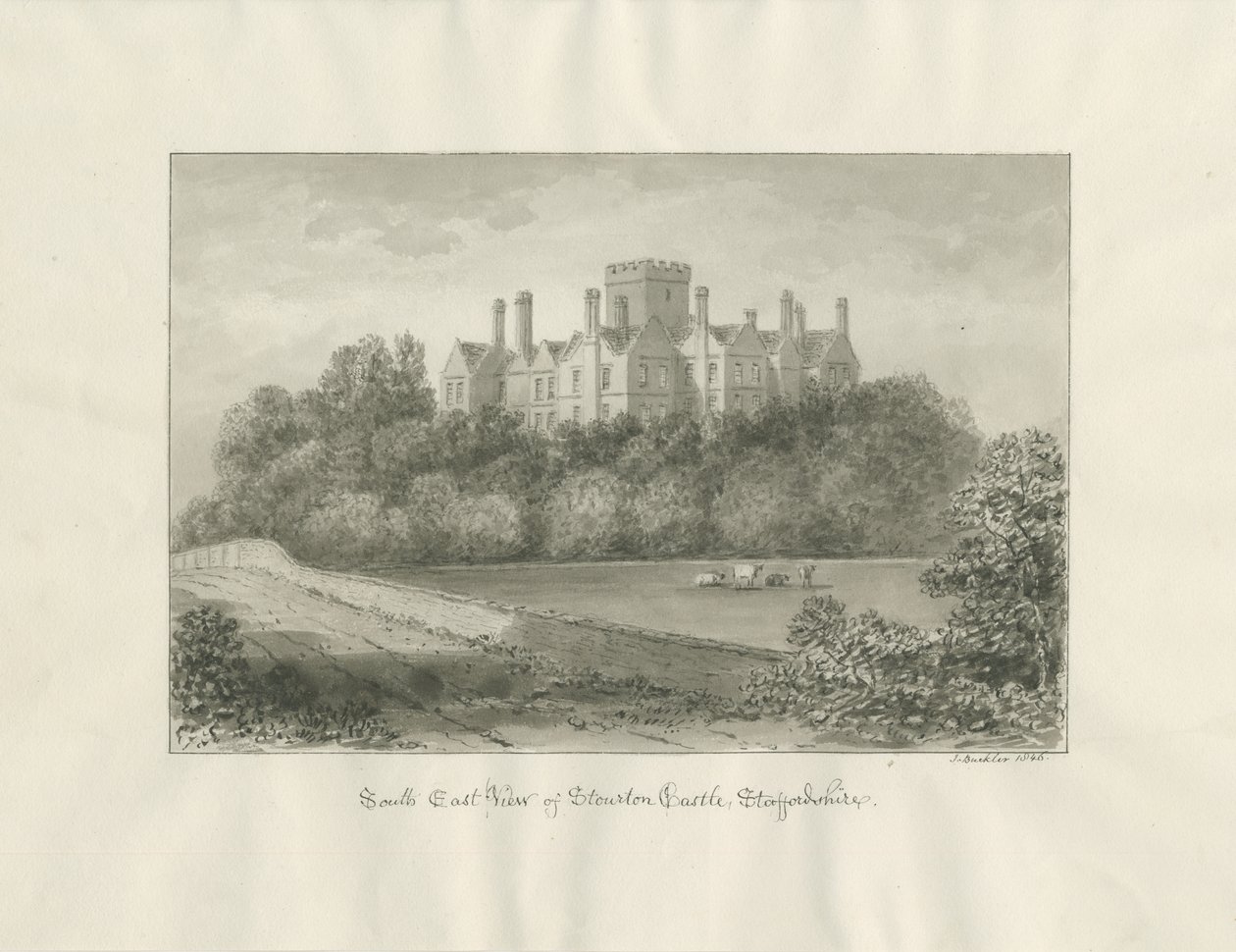Stourton Castle: desenho em sépia, 1846 de John Buckler