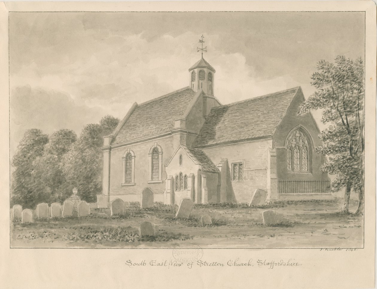 Igreja Stretton: desenho sépia, 1842 de John Buckler