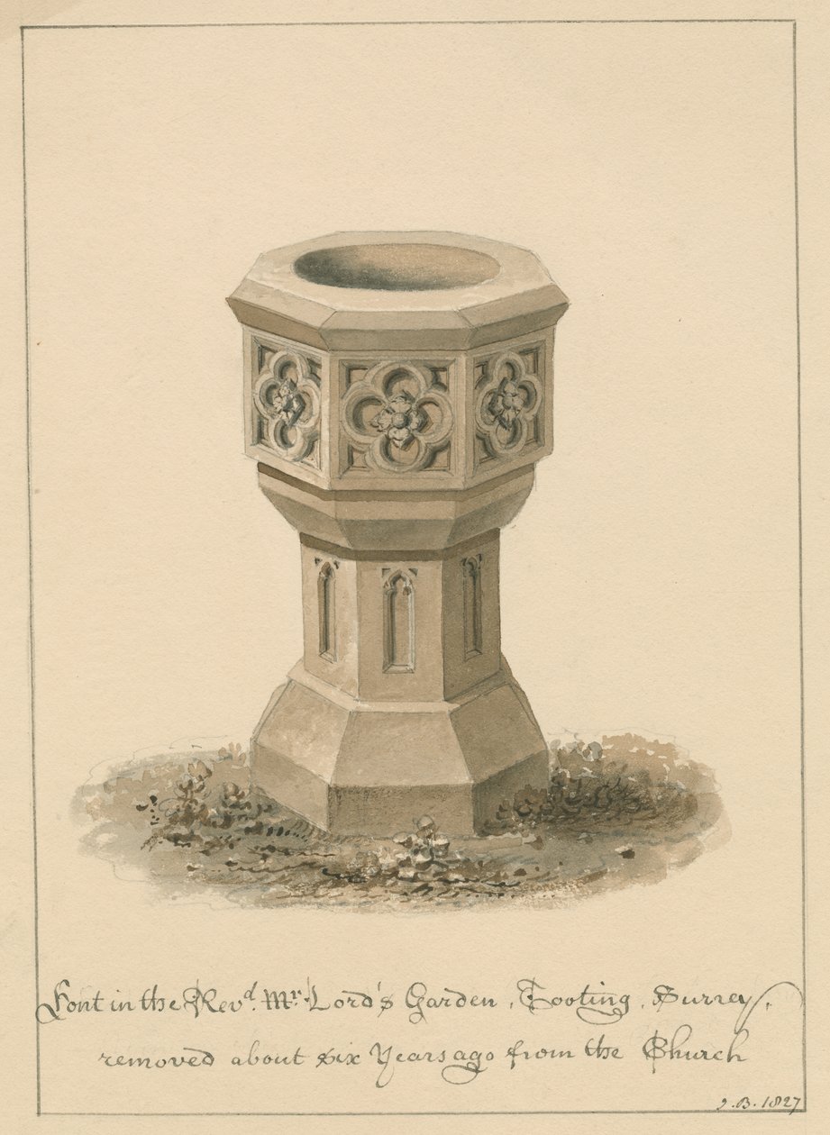 Surrey - Tooting - Fonte no Revd. Jardim do Sr. Lord: desenho em sépia, 1827 de John Buckler