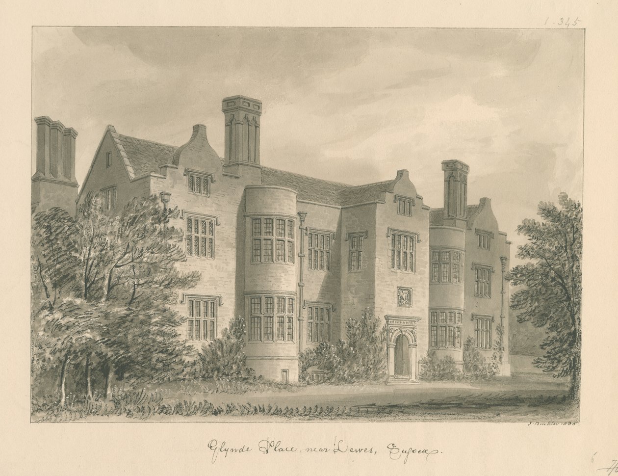 Sussex - Lewes - Glynde Local: desenho em sépia, 1830 de John Buckler