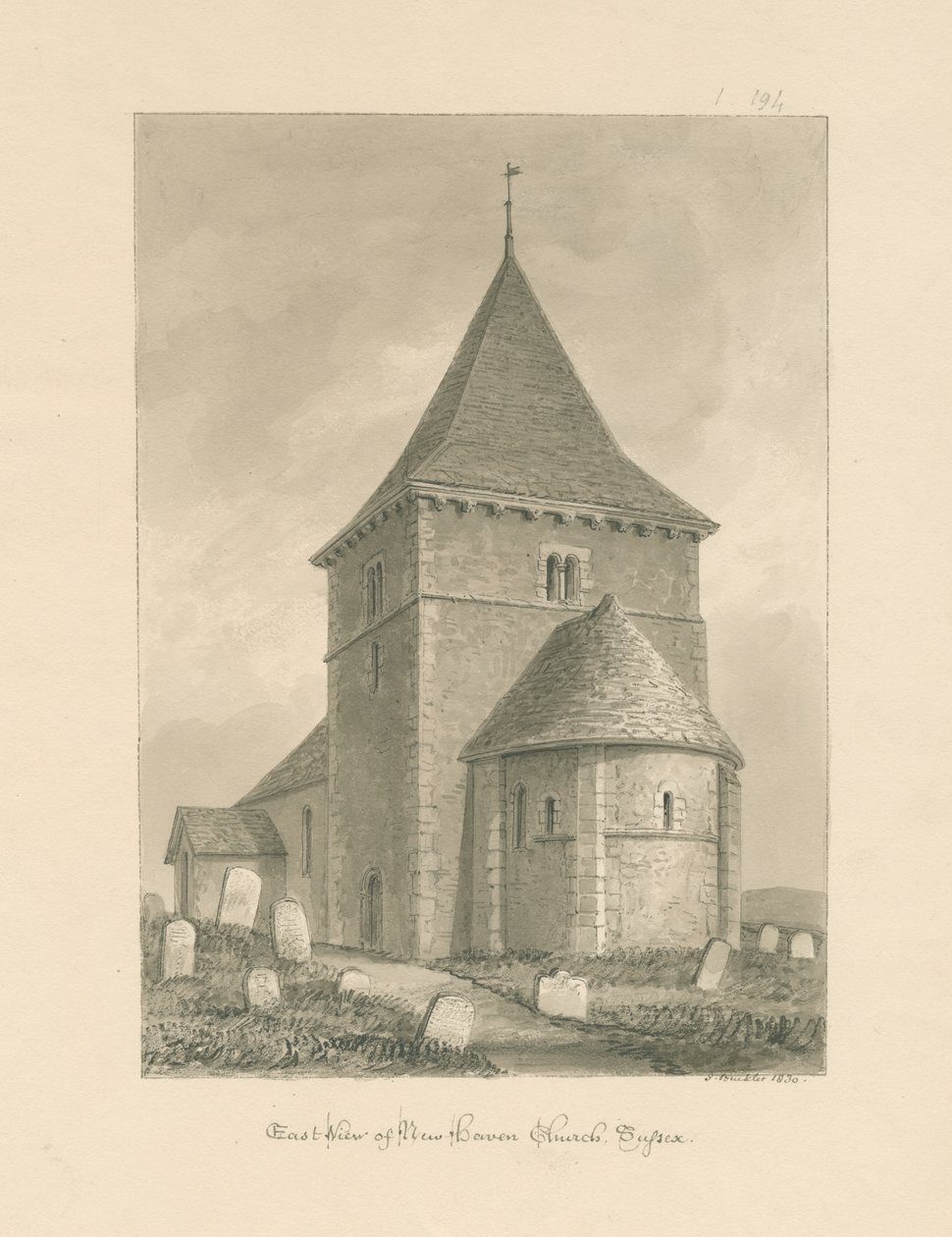 Sussex - Igreja de Newhaven: desenho em sépia, 1830 de John Buckler